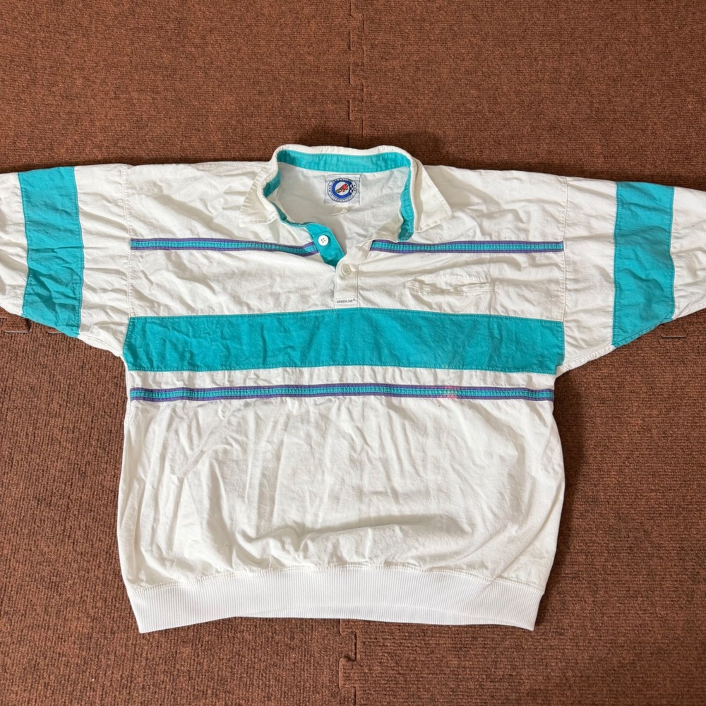 Vintage Greenline International Men XL Polo Shirt White Teal Stripe 90s Retro C+